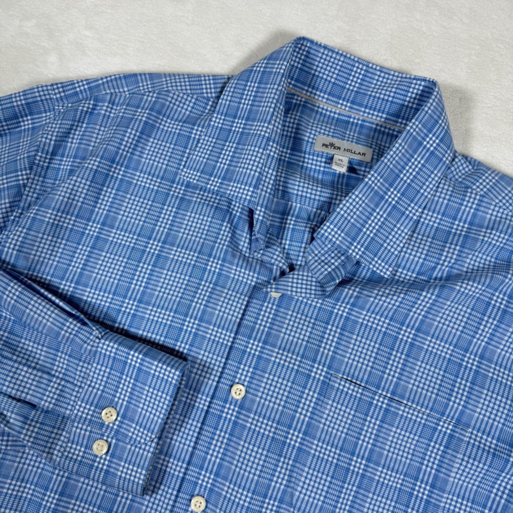 Peter Millar Mens XL Blue White Plaid Long Sleeve Button Shirt Cotton Silk Blend